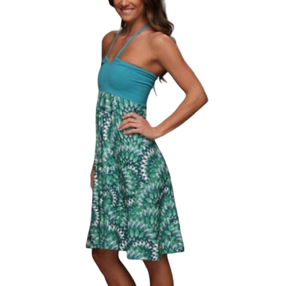 PrAna Casual Summer Dress Size Small Printed Blue Green Vacation Tropical Halter
